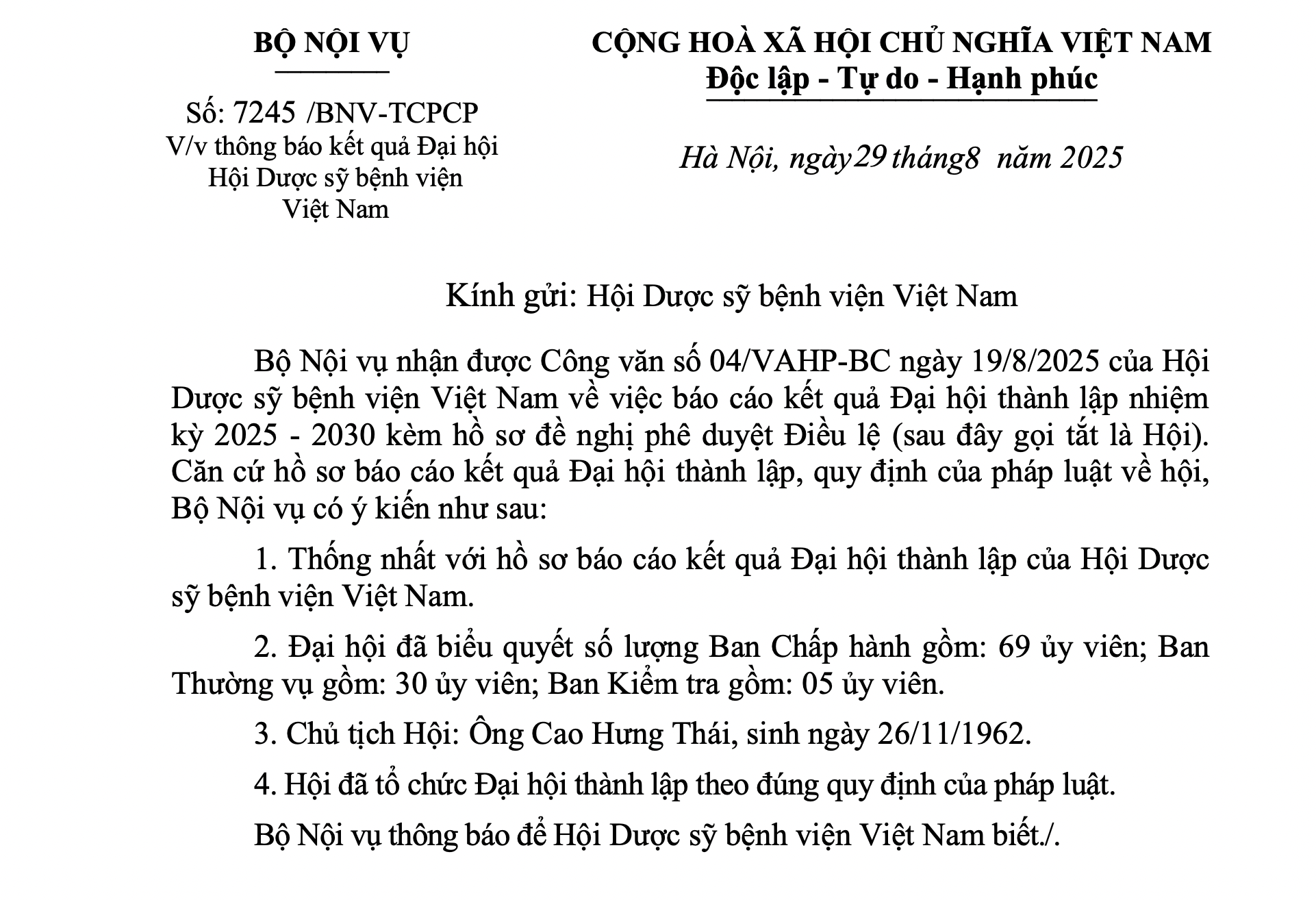 Thông báo kết quả Đại hội Hội Dược sĩ Bệnh viện Việt Nam