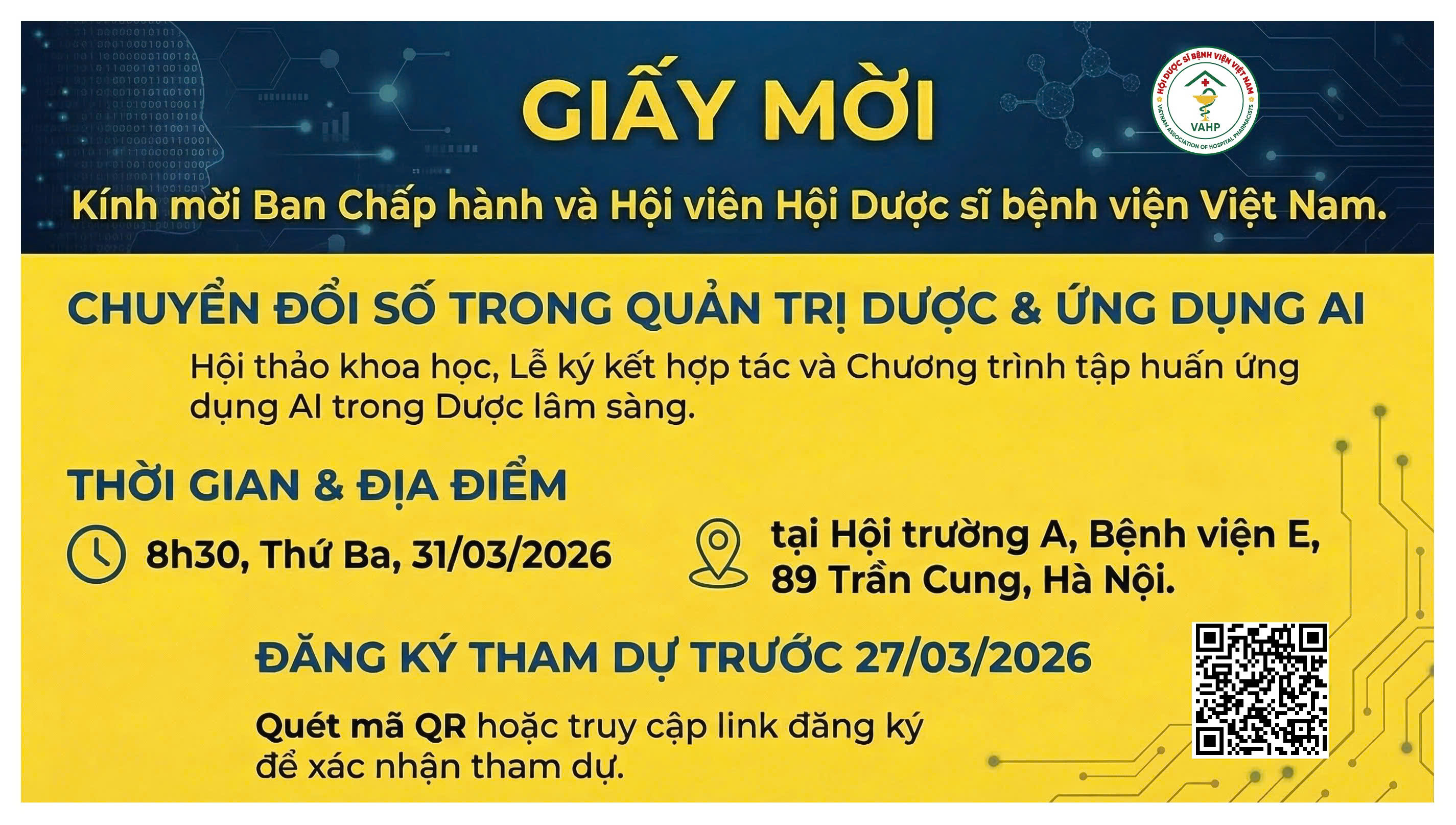 GIẤY MỜI - BAN CHẤP HÀNH VÀ CÁC HỘI VIÊN HỘI DƯỢC SĨ BỆNH VIỆN VIỆT NAM